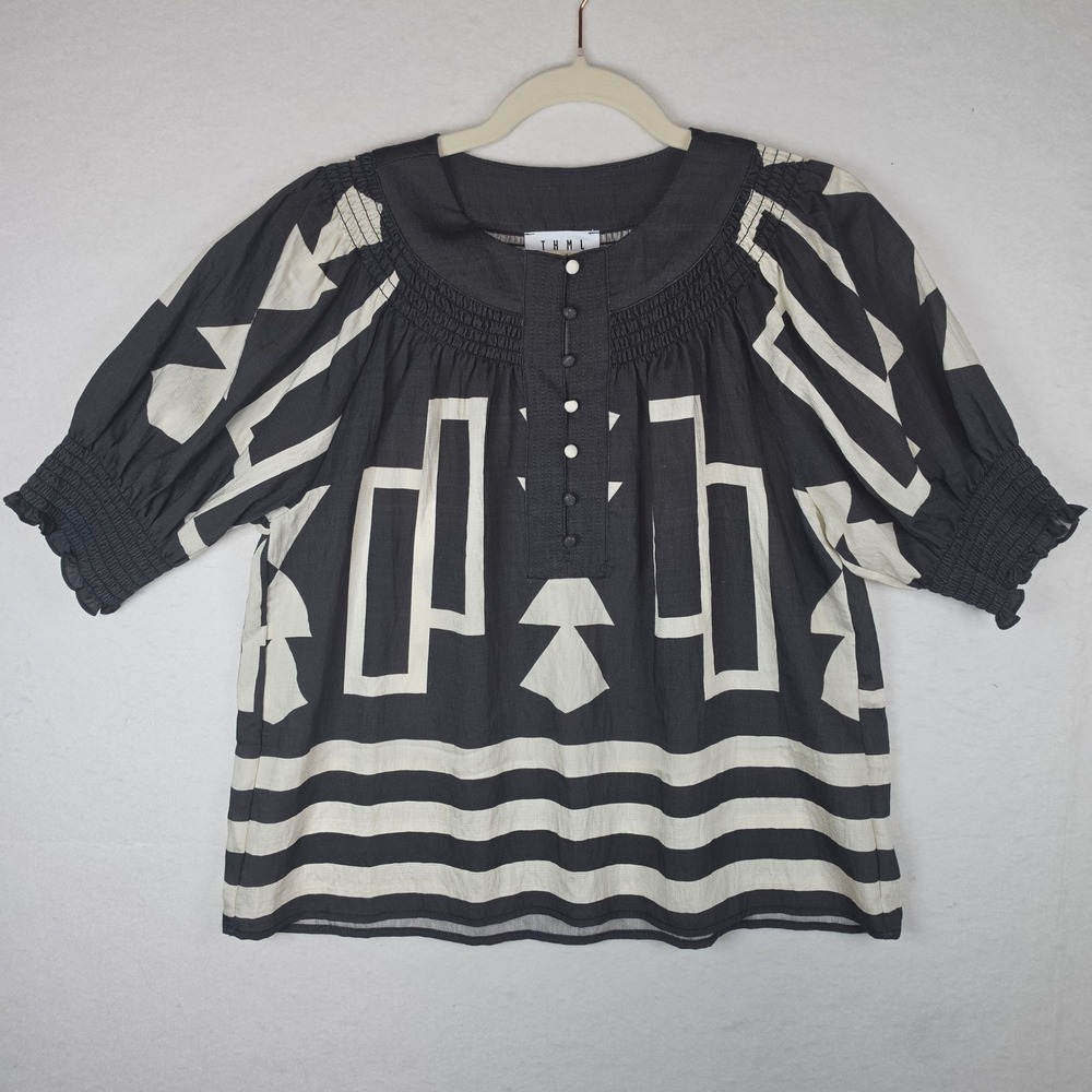 THML Geometric Print Smocked Puff Sleeve Blouse Black White Medium
